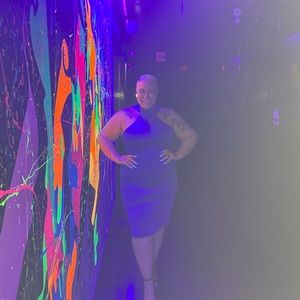 High neck open shoulder scuba knit dress with large bow in the back